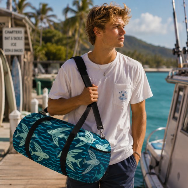 Hawaiian Malolo Flying Fish Ocean Wave Teal Duffle Bag (Creator Uploaded)