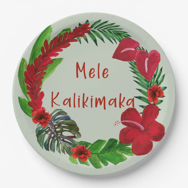 Hawaiian Mele Kalikimaka Tropical Wreath  Paper Plate (Front)