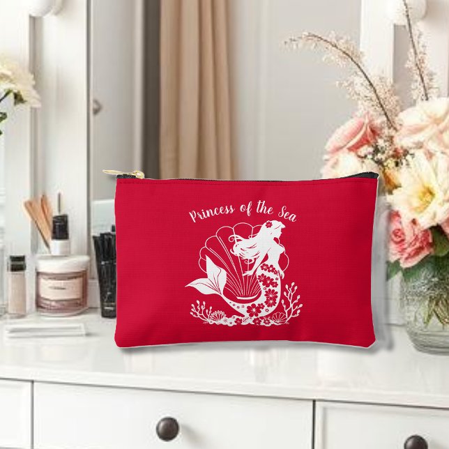 Hawaiian Mermaid Princess of the Sea Cherry Red Accessory Pouch (Hawaiian Mermaid Tropical Flowers Sea Shells Coral, Summer Beach, Fisherman Trend Small Bag Cherry )