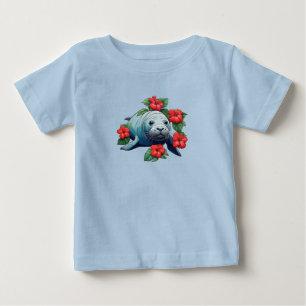 Hawaiian Monk Seal And Red Hibiscus Flowers Baby T-Shirt