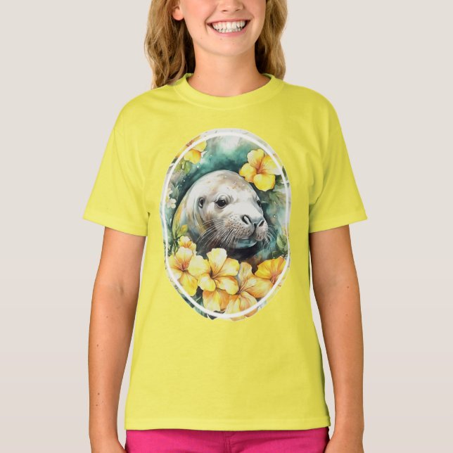 Hawaiian Monk Seal And Yellow Hibiscus Flowers T-Shirt (Front)