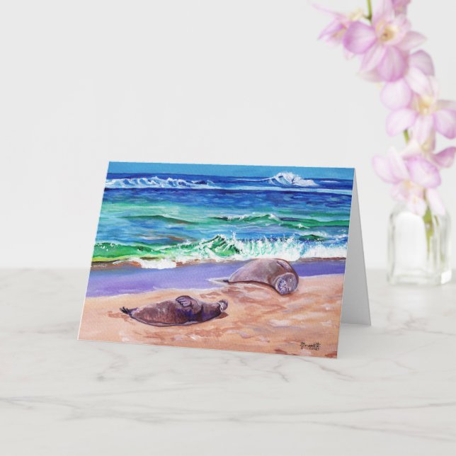 Hawaiian Monk Seals on Poipu Beach Greeting Card (Orchid)