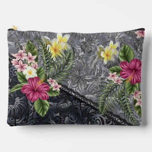 Hawaiian Monstera Tapa and Hibiscus Accessory Pouch