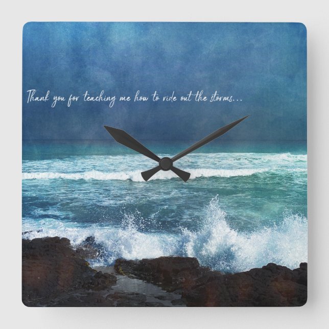 Hawaiian Ocean Quote Waves Aqua Teal Blue Surf Square Wall Clock (Front)