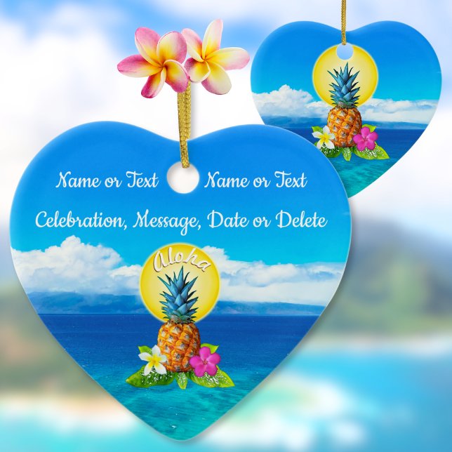 Hawaiian Ornaments with Couple's Names, Date (Hawaiian Christmas Ornaments. Hawaii Ornaments. Hawaiian Christmas Gifts. Tropical Pineapple Gifts.)
