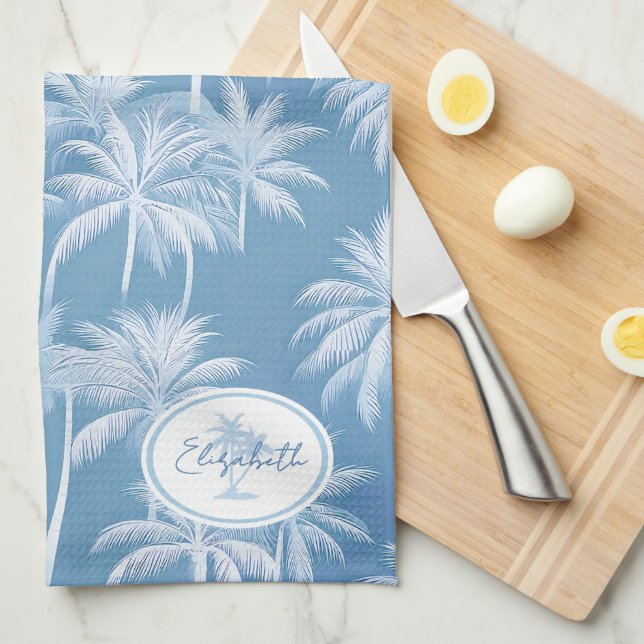 Hawaiian Palm Tree Silhouette Pattern Blue ID1093 Tea Towel (Quarter Fold)