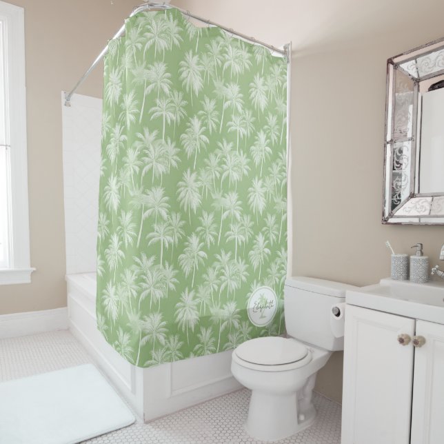 Hawaiian Palm Tree Silhouette Pattern Green ID1093 Shower Curtain (In Situ)