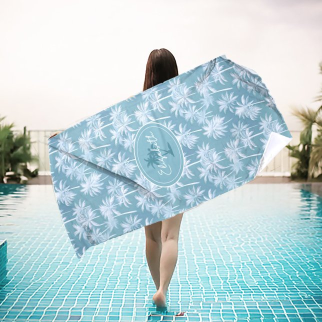 Hawaiian Palm Tree Silhouette Pattern Teal ID1093 Beach Towel (Creator Uploaded)