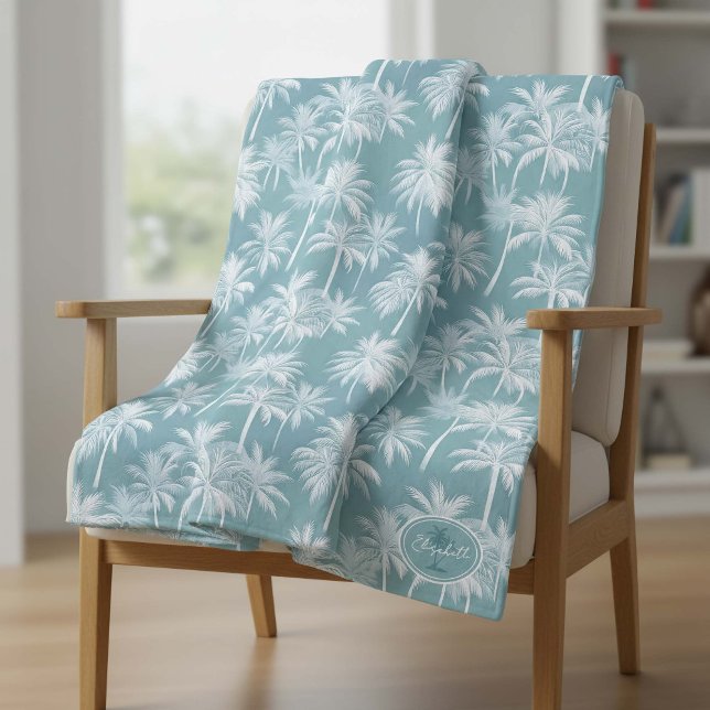 Hawaiian Palm Tree Silhouette Pattern Teal ID1093 Fleece Blanket (Creator Uploaded)