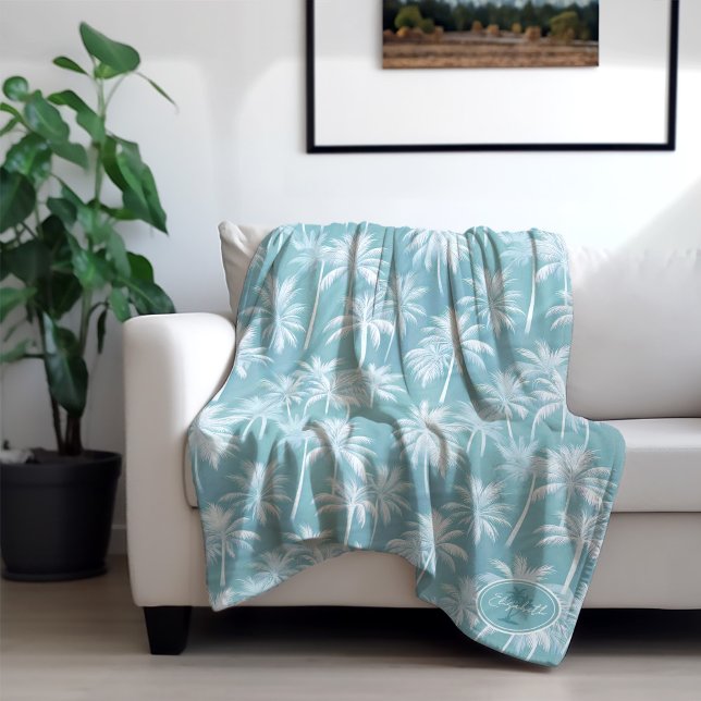 Hawaiian Palm Tree Silhouette Pattern Teal ID1093 Fleece Blanket (Creator Uploaded)
