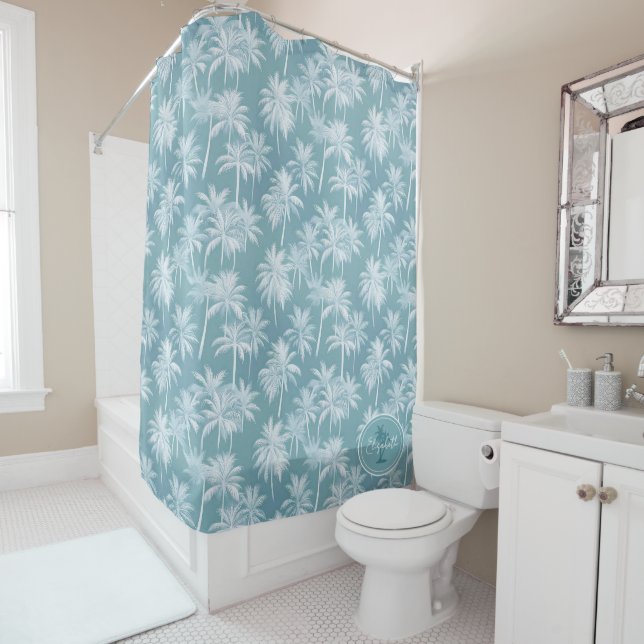 Hawaiian Palm Tree Silhouette Pattern Teal ID1093 Shower Curtain (In Situ)