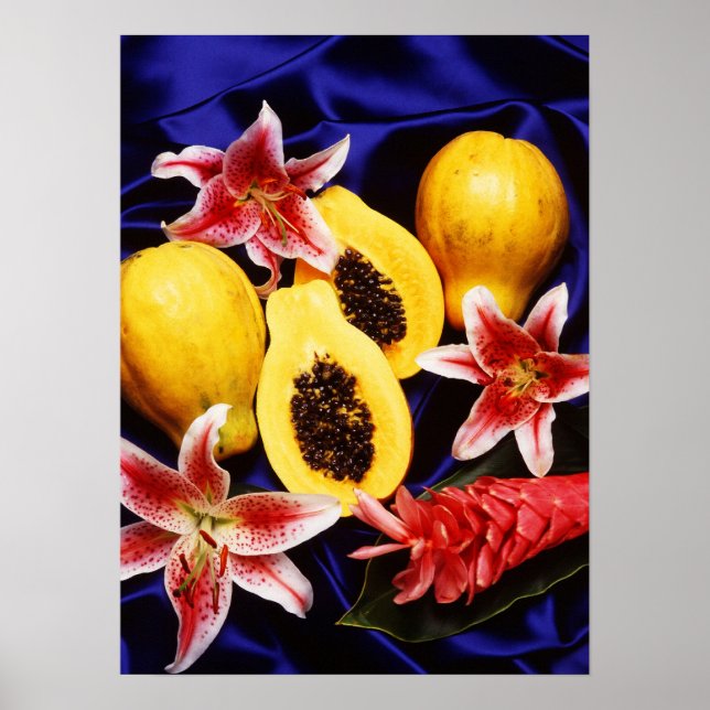 Hawaiian papayas with lilies & red ginger flowers poster (Front)