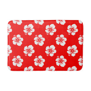 Hawaiian Pattern Hibiscus Red and White Bath Mat