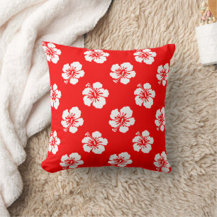 Hawaiian Pattern Hibiscus Red and White Cushion