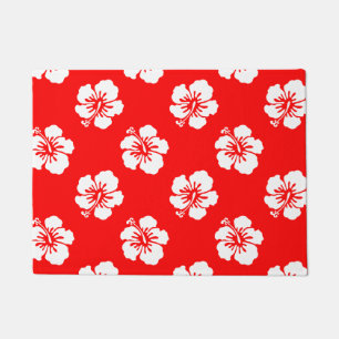 Hawaiian Pattern Hibiscus Red and White Doormat