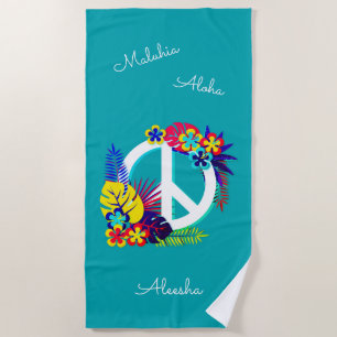 Hawaiian Peace Love Name Personalised Ocean Blue Beach Towel