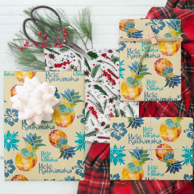 Hawaiian Pineapple and Hibiscus Mele Kalikimaka 3 Wrapping Paper Sheet (Creator Uploaded)