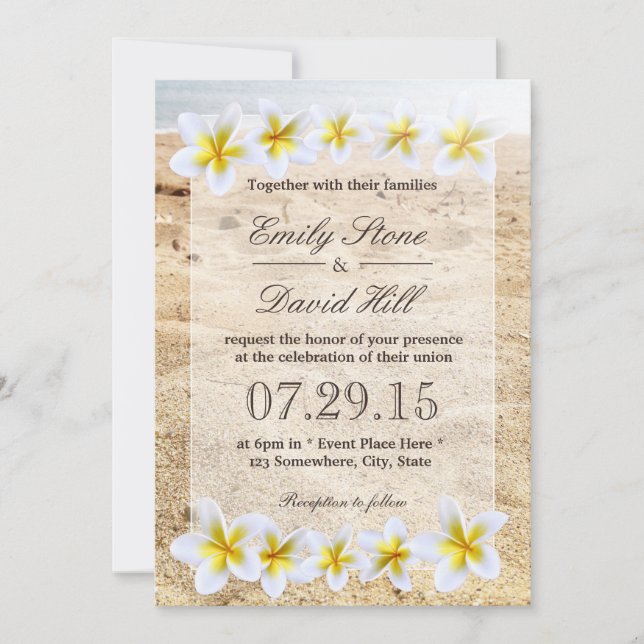Hawaiian Plumeria Flowers Beach Theme Wedding Invitation (Front)