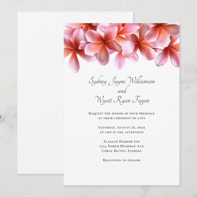 Hawaiian Plumeria Pink Floral Casual Wedding  Invitation (Front/Back)