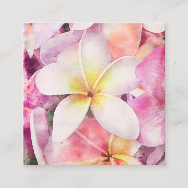Hawaiian Plumeria Tropical Floral Watercolor Square Business Card (Front)