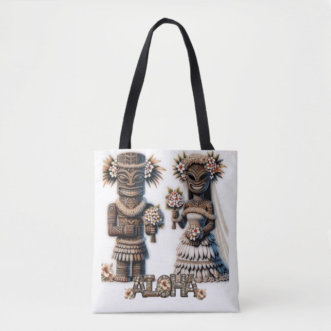 Hawaiian Polynesian Tiki Bride and Groom Wedding  Tote Bag (Front)