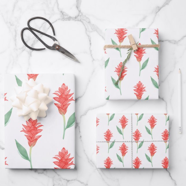 Hawaiian Print red ginger flower Wrapping Paper Sheet (Front)