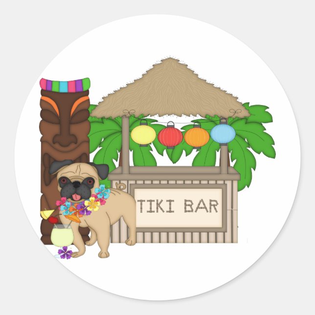 Hawaiian Pug at Tiki Bar Customisable Tees, Gifts Classic Round Sticker (Front)