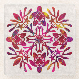 Hawaiian Quilt Honu ( sea turtle ) Glass Coaster