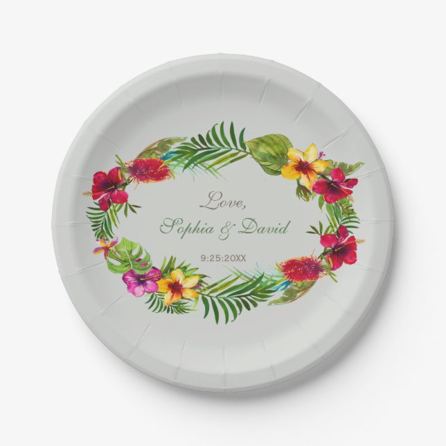 Hawaiian Radiant Tropical Floral Wreath Wedding Paper Plate (Front)