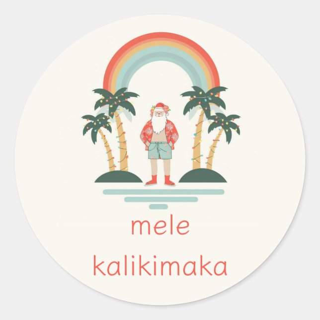 Hawaiian/Rainbow/Palms Santa Classic Round Sticker (Front)