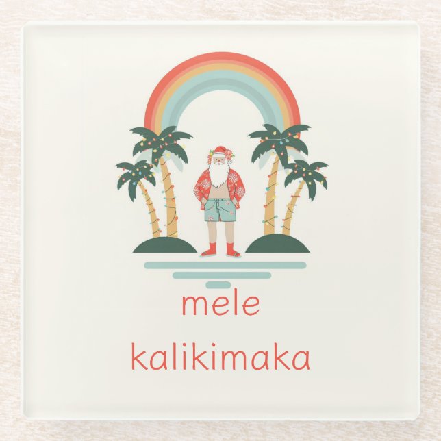 Hawaiian/Rainbow/Palms Santa Glass Coaster (Front)