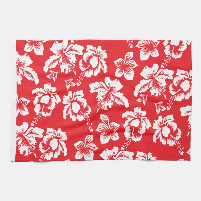 Hawaiian Red Flowers Tea Towel (Horizontal)