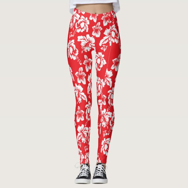 Hawaiian Red Hibiscus Floral Print Leggings (Front)