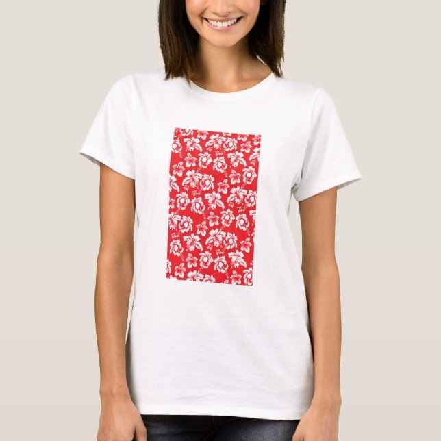 Hawaiian Red Hibiscus Floral Print T-Shirt (Front)