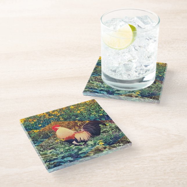 Hawaiian Rooster Glass Coaster (Angled)