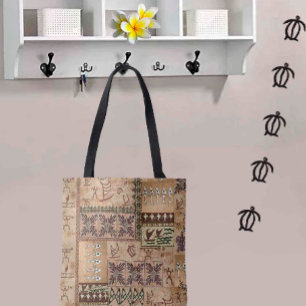 Hawaiian Sailing Canoe and Petroglyph Tapa Tote Bag