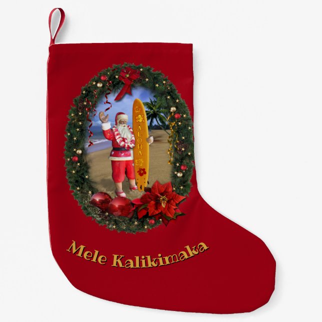 Hawaiian Santa with Surfboard Small Christmas Stocking (Front)