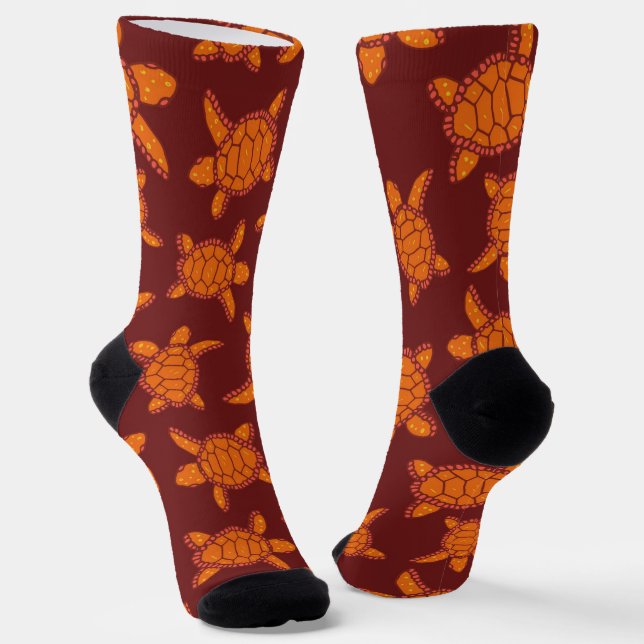 Hawaiian Sea Turtle Patterned Burgundy Aloha Socks (Angled)