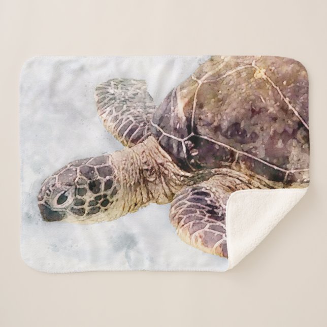 Hawaiian Sea Turtle Realistic Watercolor Sherpa Blanket (Front (Horizontal))