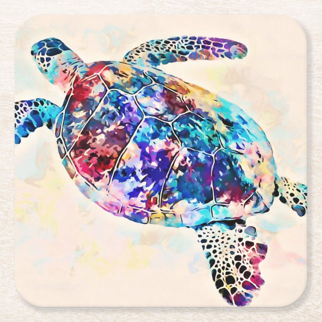 Hawaiian Sea Turtle Watercolor Square Paper Coaster (Front)