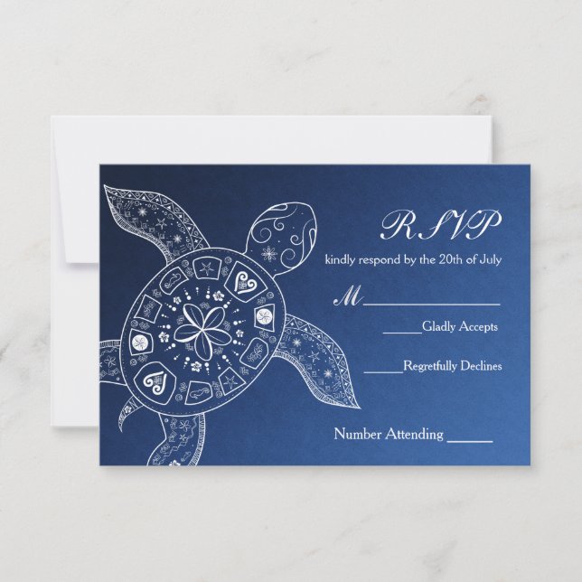 Hawaiian Sea Turtle White Blue Beach Wedding RSVP (Front)