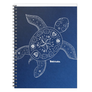 Hawaiian Sea Turtle White on Blue Beach Tropical Spiral Notebook