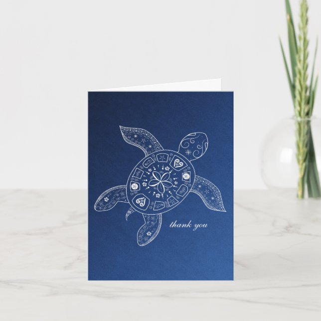 Hawaiian Sea Turtle White on Blue Beach Tropical Thank You Card (Front)