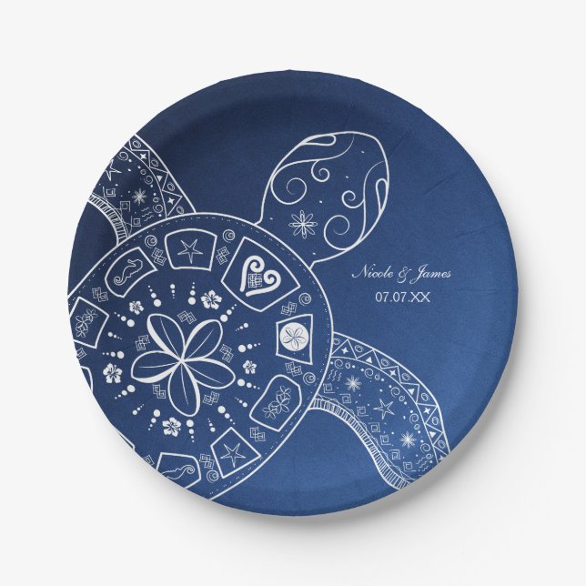Hawaiian Sea Turtle White on Blue Beach Wedding Paper Plate (Front)