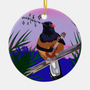 Hawaiian Shama Bird playing ukulele Ceramic Tree Decoration