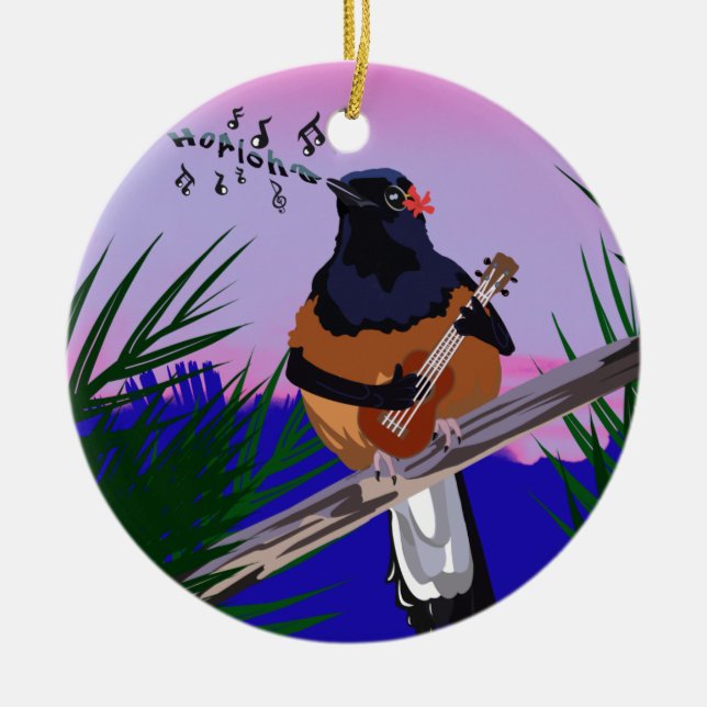 Hawaiian Shama Bird playing ukulele Ceramic Tree Decoration (Front)