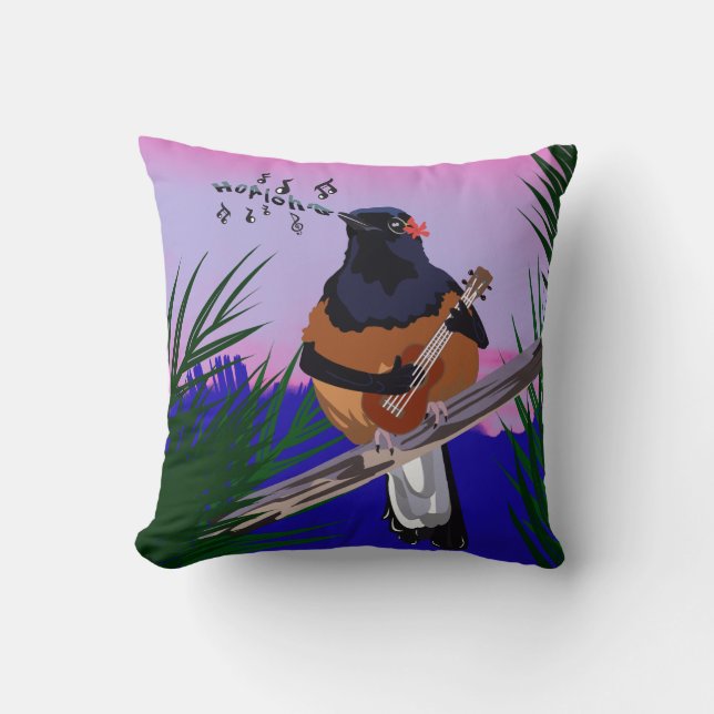 Hawaiian Shama Bird playing ukulele Cushion (Front)
