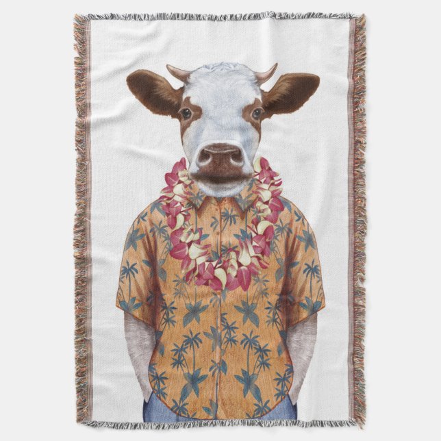 Hawaiian Shirt Cow Throw Blanket (Front Vertical)