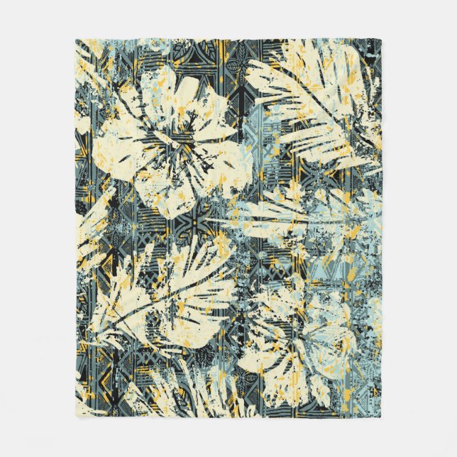 Hawaiian style hibiscus fabric with tribal backgro fleece blanket (Front)