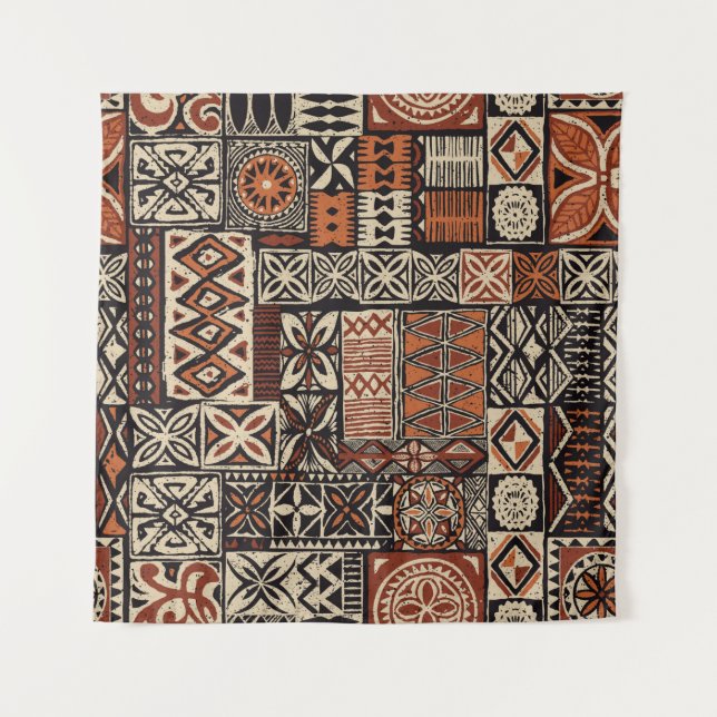 Hawaiian style tapa tribal fabric abstract patchwo tapestry (Front)